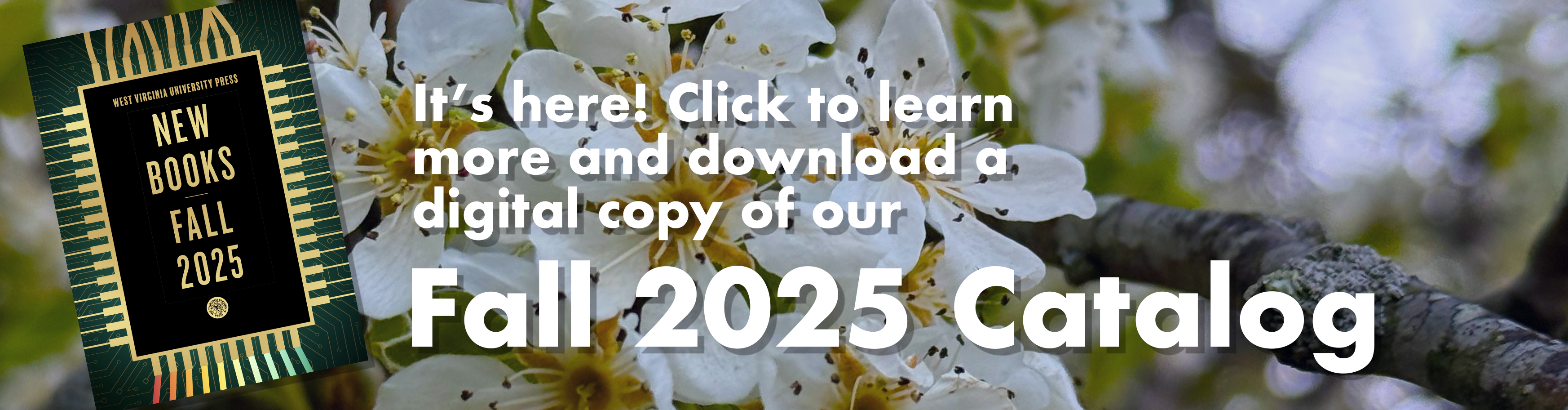 Banner ad with white flowers as backdrop reads &quot;It&#039;s here! Click to learn more and download a digital copy of our Fall 2025 Catalog,&quot; and shows the cover of the digital catalog, which contains the WVU Press logo underneath the words, &quot;New Books Fall 2025&quot;